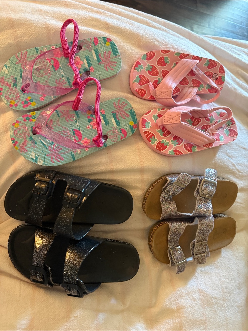 Kids Glitter Buckle Sandals - Pink, Black, Silver